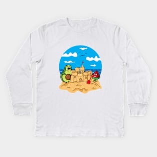 Cute avocado and watermelon build a sandcastle on the beach Kids Long Sleeve T-Shirt